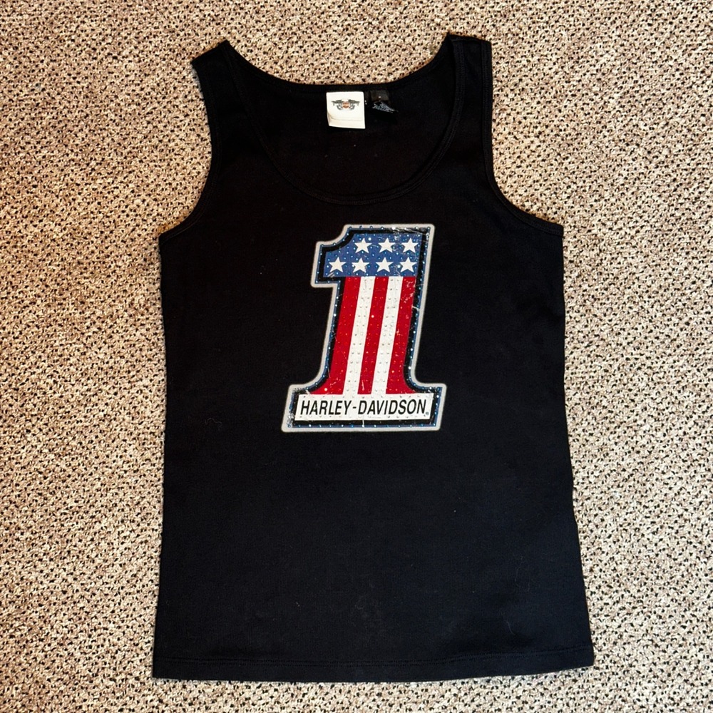 Harley-Davidson Womens Black Patriotic #1 Rhinestone Tank Top Medium USA Made